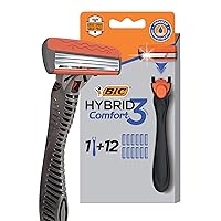BIC Comfort 3 Refillable Three-Blade Disposable Razors for Men, Sensitive Skin Razor for a Comfortable Shave, 1 Handle and 12 Cartridges With 3 Blades, 13 Piece Razor Kit