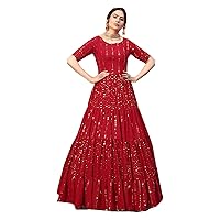 Red Stylish Eid Festival Georgette Flairy Sequin Girls Gown Party Cocktail Dress Muslim Long Anarkali 5433,Large