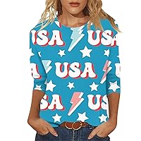 Fourth of July,Women's Casual 3/4 Sleeve Round Neck Flag Independence Printed Top Basic Tee
