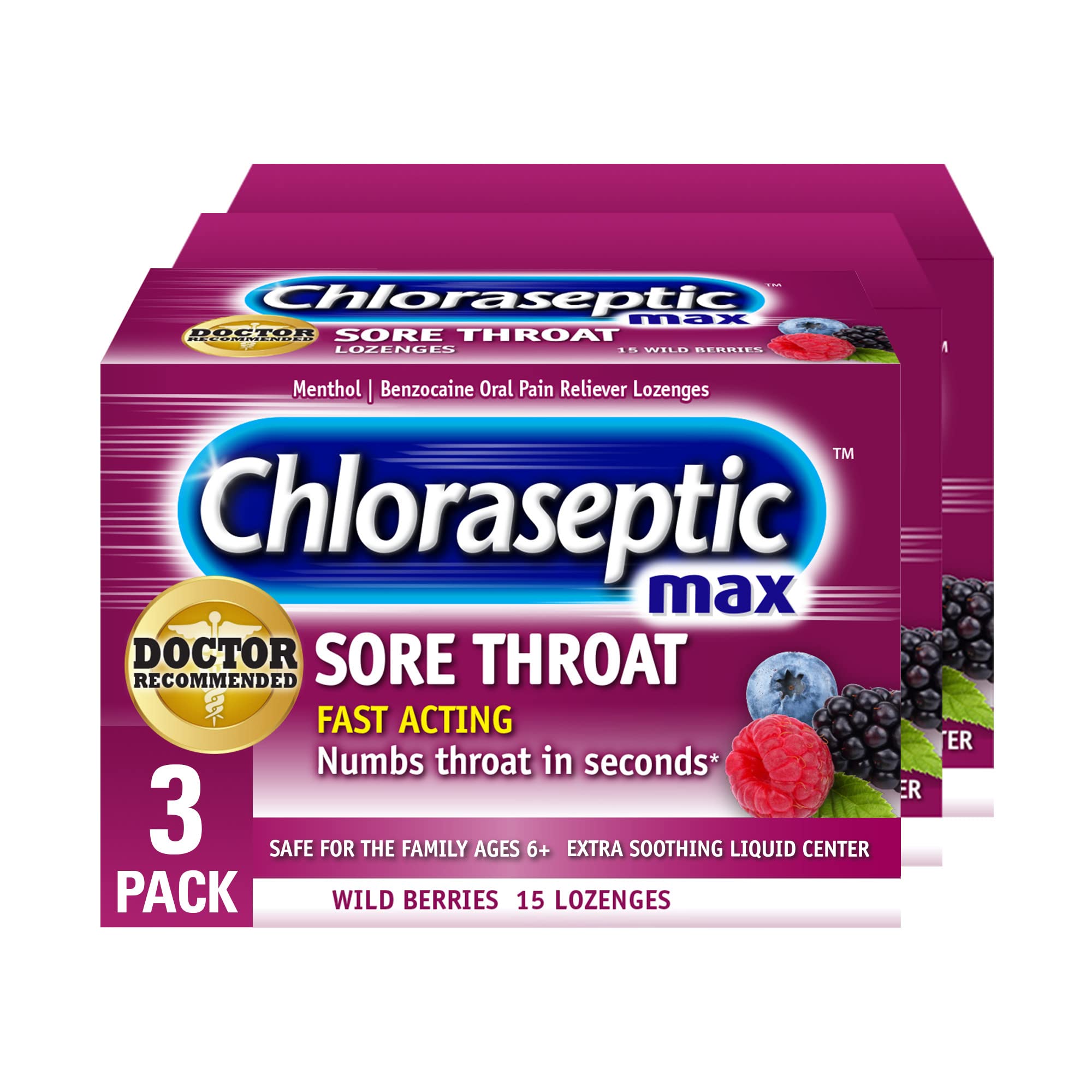 Chloraseptic Max Strength Sore Throat Lozenges, Wild Berries, 15 Count, 3 Pack