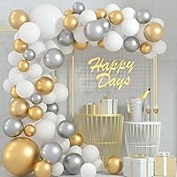 FEPITO 108 Pcs White and Gold Silver Balloon Garland Arch Kit 5 10 12 18 Inches Metallic Gold Silver White Balloons for Birthday Wedding Bridal Baby Shower Graduation Party Decorations