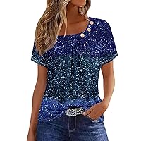 Summer Tops for Women 2024 Short Sleeve Shirts Dressy Casual Loose Fit T Shirts Button Decor Solid Color Tunic Tops
