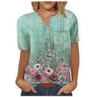 Women's 2023 Summer Casual Comfy Blouse Tops Retro Floral Print Single Breasted Short Sleeved Shirt with Pockets