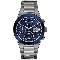 Bulova Men's Modern Millenia Chronograph 6 Hand Grey Stainless Steel Watch, Day/Date, Edge to Edge Crystal, Blue Dial, Model: 98C143
