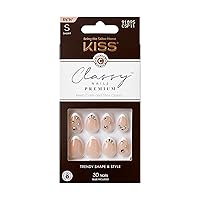 KISS Classy Nails Premium, Press-On Nails, Nail glue included, Prevailing', Light White, Short Size, Almond Shape, Includes 30 Nails, 2G Glue, 1 Manicure Stick, 1 Mini File