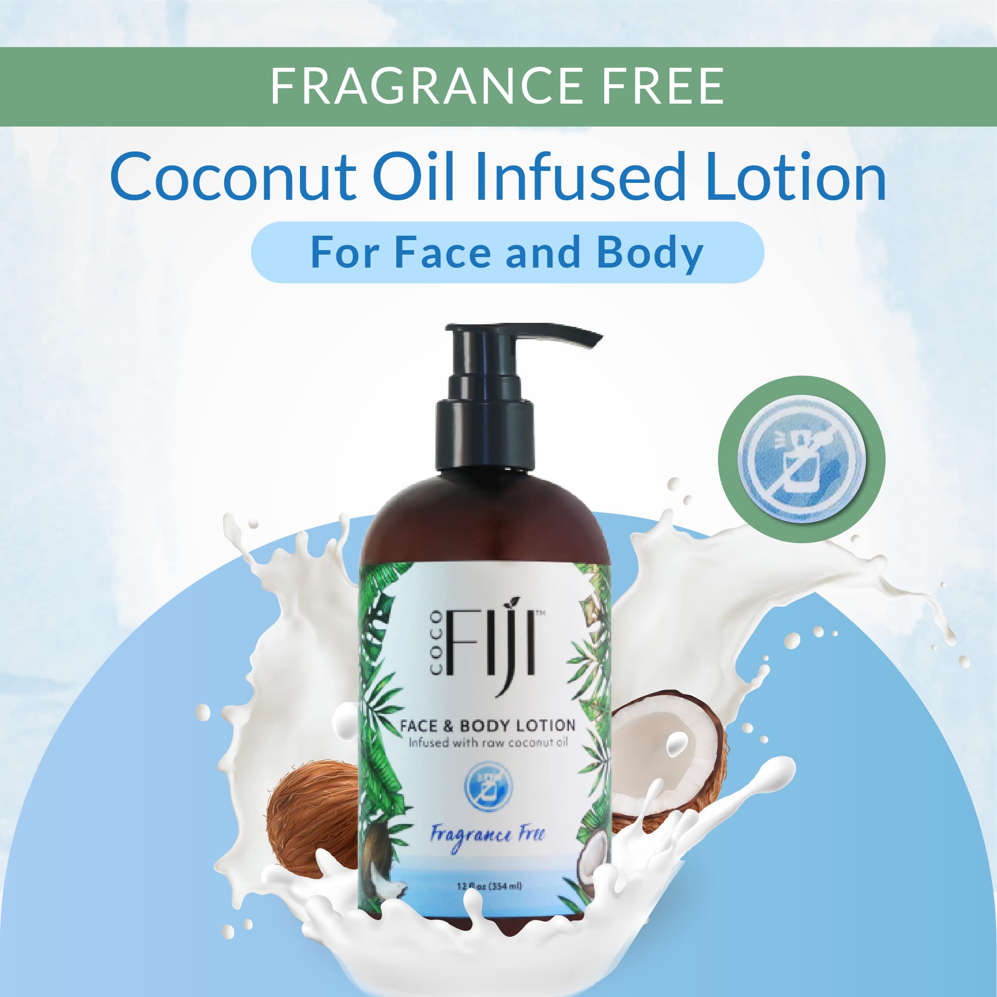 Coco Fiji Face & Body Lotion Infused With Coconut Oil | Lotion for Dry Skin | Moisturizer Face Cream & Massage Lotion for Women & Men | Fragrance Free 12 oz, Pack of 1