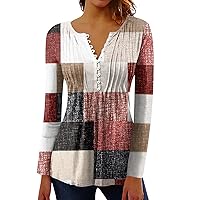 Womens Long Sleeve Tops V Neck Button Floral Print Stripe Pleated Shirts Fashion Spring Tunic Oversized Tops