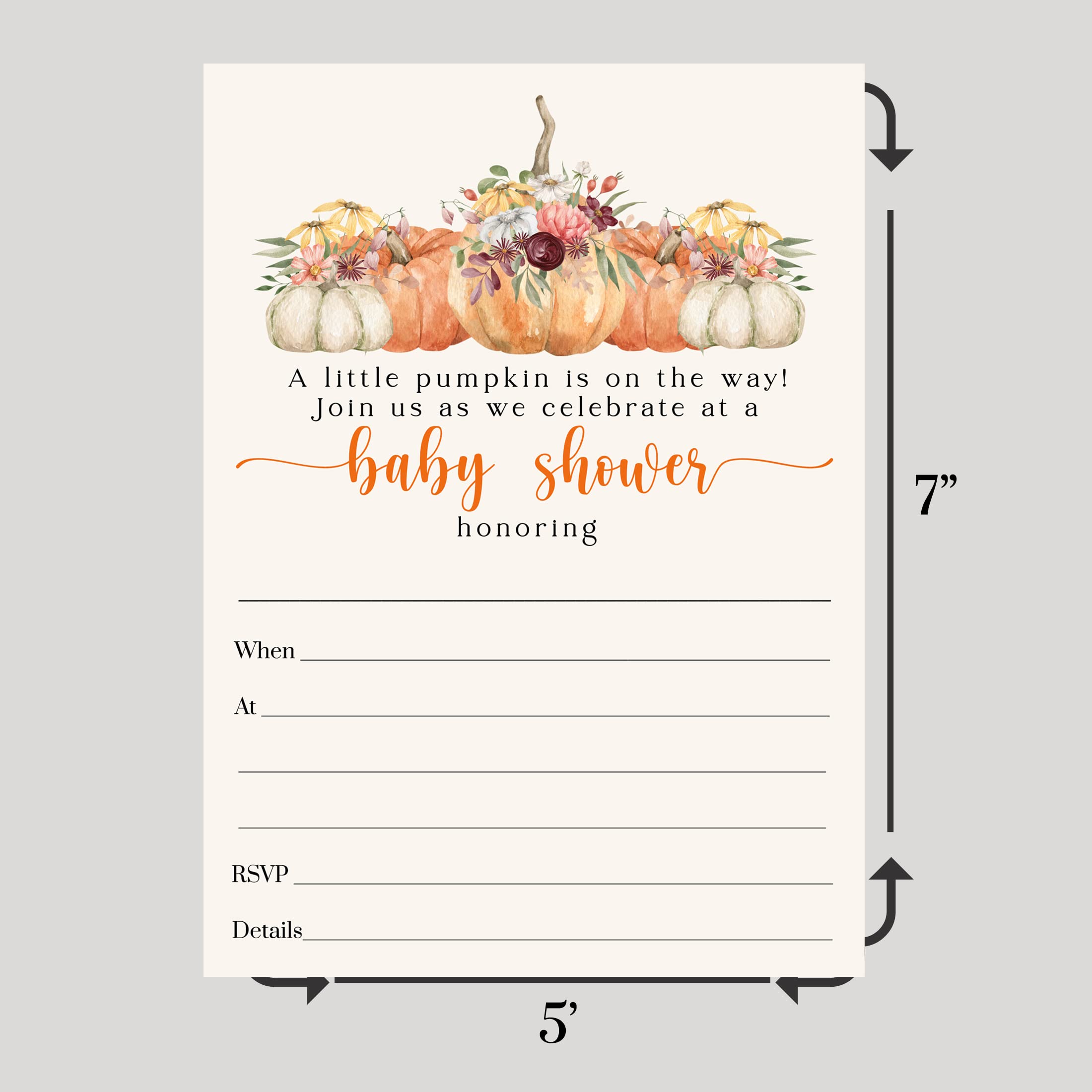 Paper Clever Party Little Pumpkin Baby Shower Invitations and Envelopes 25 Pack Rustic Invite Fill-In Blank - Fall Gender Reveal Boys Girls Autumn Themed - Printed 5x7 Size Card Set