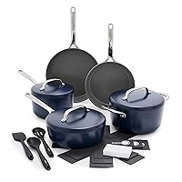GreenPan GP5 Hard Anodized Healthy Ceramic Nonstick 14 Piece Cookware Pots and Pans Set,Heavy Gauge Scratch Resistant,Stay-Flat Surface, Induction, Mirror Finish Handle,Oven Safe,PFAS-Free, Blue