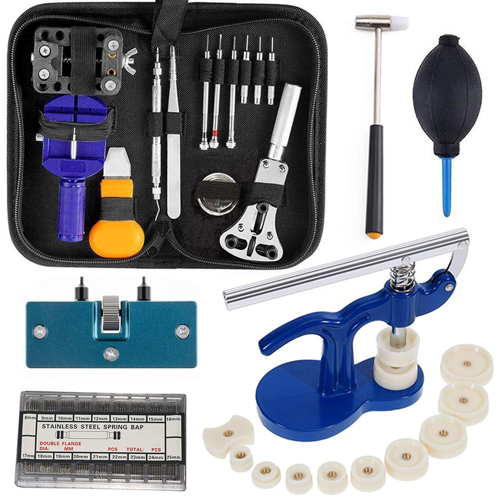 Watch Repair Tool Kit Professional - Watch Tools Including Watch Press Kit, Larger Rubber Dust Blowers, Spring Bars, Watch Battery Replacement Tool Kit,Watch Band Link Pins with Carrying Case (406pcs)