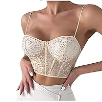 Women Sexy Sparkly Sequin Lace Bustier Cami Crop Tops Summer Spaghetti Strap Trendy Vintage Casual Slim Fit Tank Top