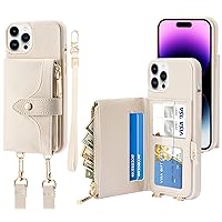 LAMEEKU Compatible with iPhone 14 Pro Max Wallet Case, PU Leather Shockproof Crossbody Phone Case with Card Holder, RFID Blocking Case Wallet for iPhone 14 Pro Max, 6.7 Inch-Ivory