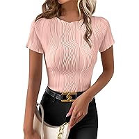 EVALESS Womens Short Sleeve Textured Tops Casual Crewneck Solid Slim Fitted Basic T Shirts Tee Blouses