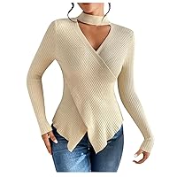 Womens Trendy Fall Sweater Sexy Wrap Jumper Plain Crewneck Hollow Long Sleeve Pullover Tops Ribbed Knit Sweaters