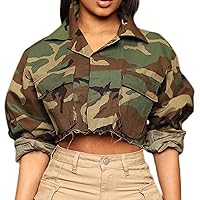 Voghtic Camo Coat for Women Lapel Neck Button Down Camouflage Cropped Jackets Tops with Multi Cargo Pockets