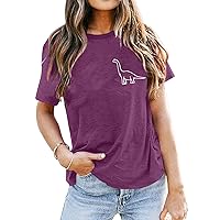Women's Tshirts Shirts Casual Loose Dinosaur Printed T-Shirt Round Neck Pullover Short Sleeve Fashion 2023