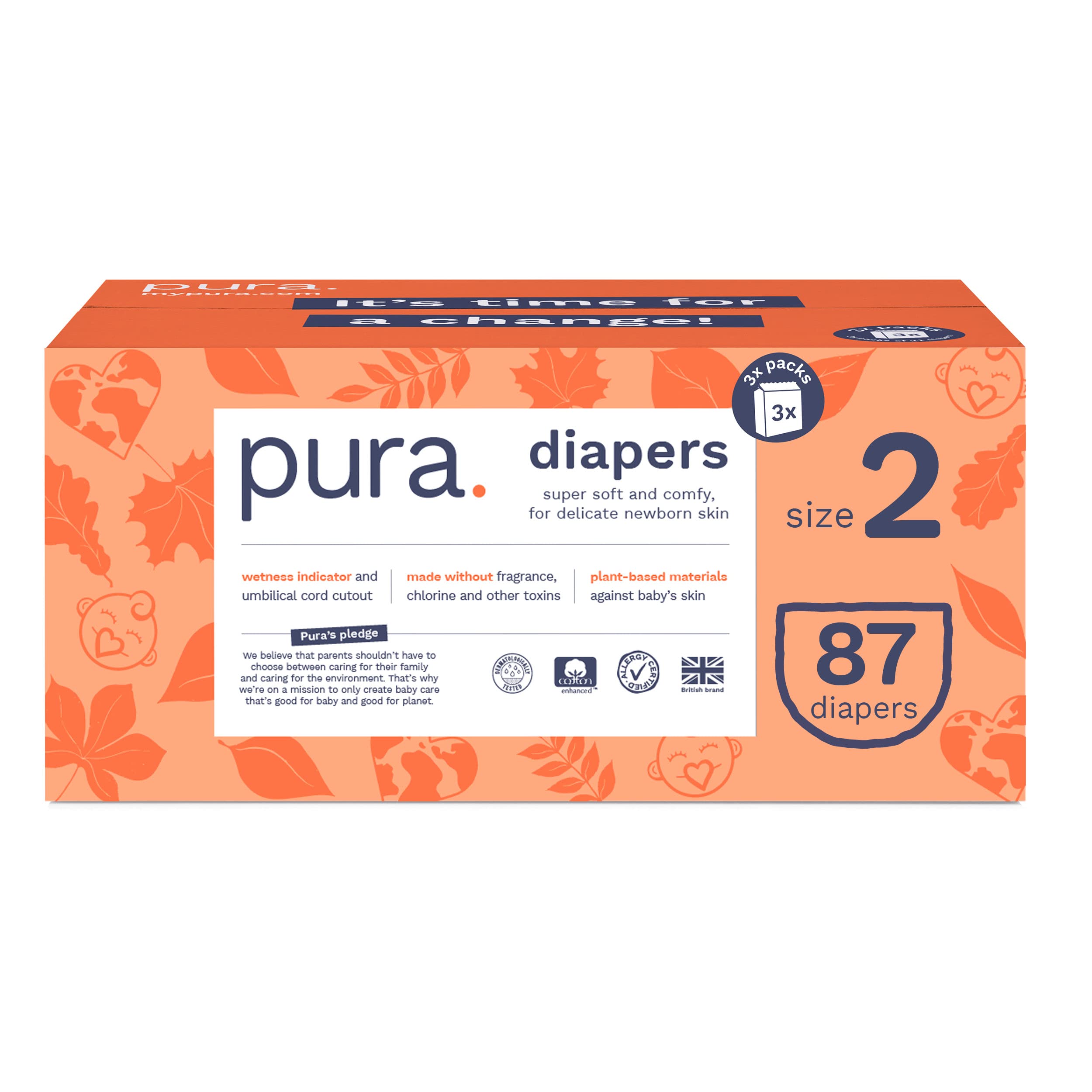 Pura Size 2 Eco-Friendly Diapers (7-13lbs) Hypoallergenic, Soft Organic Cotton Comfort, Sustainable, Wetness Indicator, Allergy UK, Recyclable Paper Packaging. 3 Packs of 29 (87 Baby Diapers)