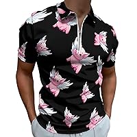 Flying Pig Polo Shirts for Men Zip Up Short Sleeve Golf Shirt Casual Collared T Shirt