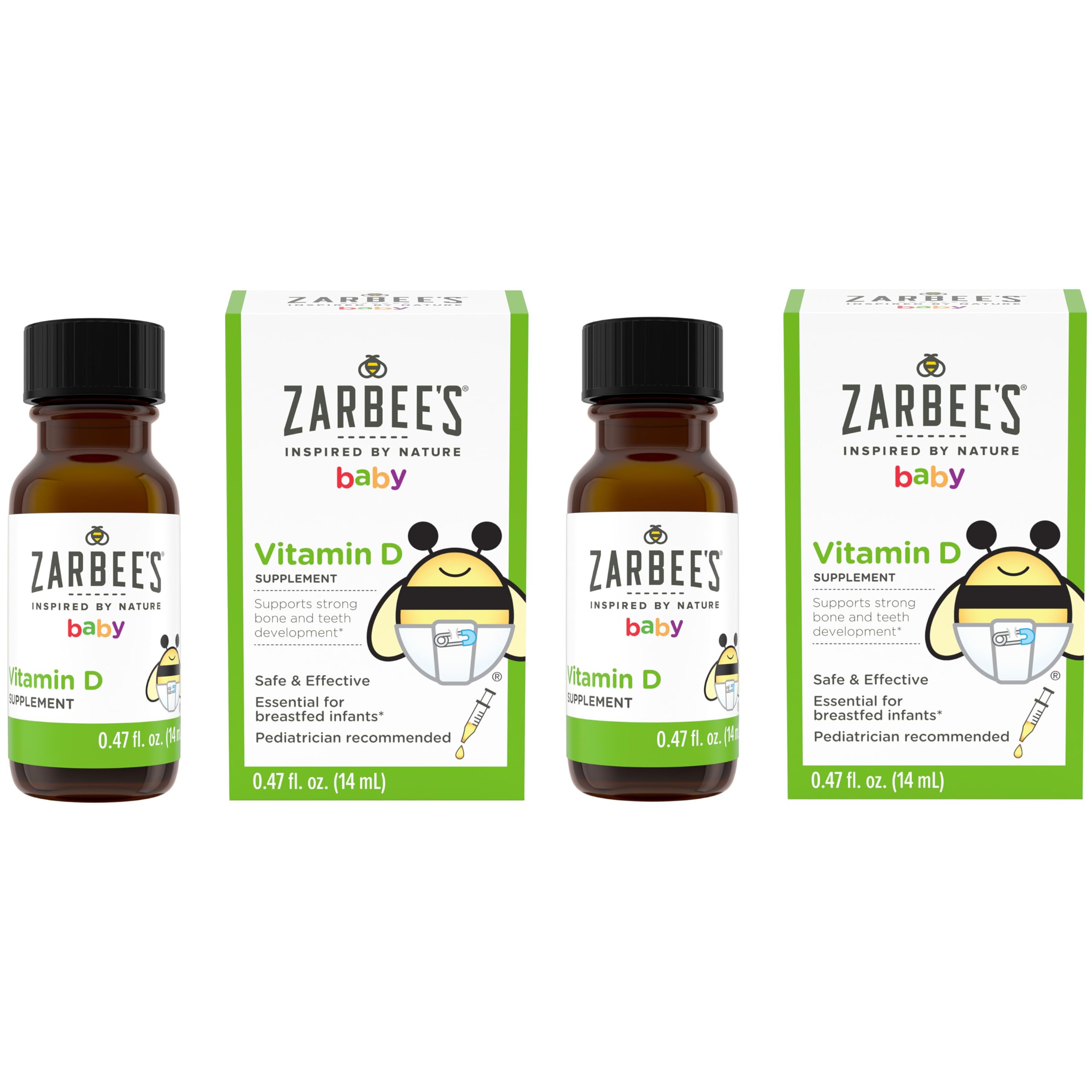 Zarbee's Vitamin D Drops for Infants, 400IU (10mcg) Baby & Toddler Liquid Supplement, Newborn & Up, Dropper Syringe Included, Pack of 2 0.47 Fl Oz Bottles
