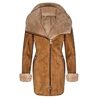 Ladies Hooded Shearling Sheepskin Merino Suede Leather Coat