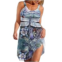 Women's Bohemian Swing Round Neck Glamorous Dress Flowy Casual Loose-Fitting Summer Beach Print Sleeveless Knee Length