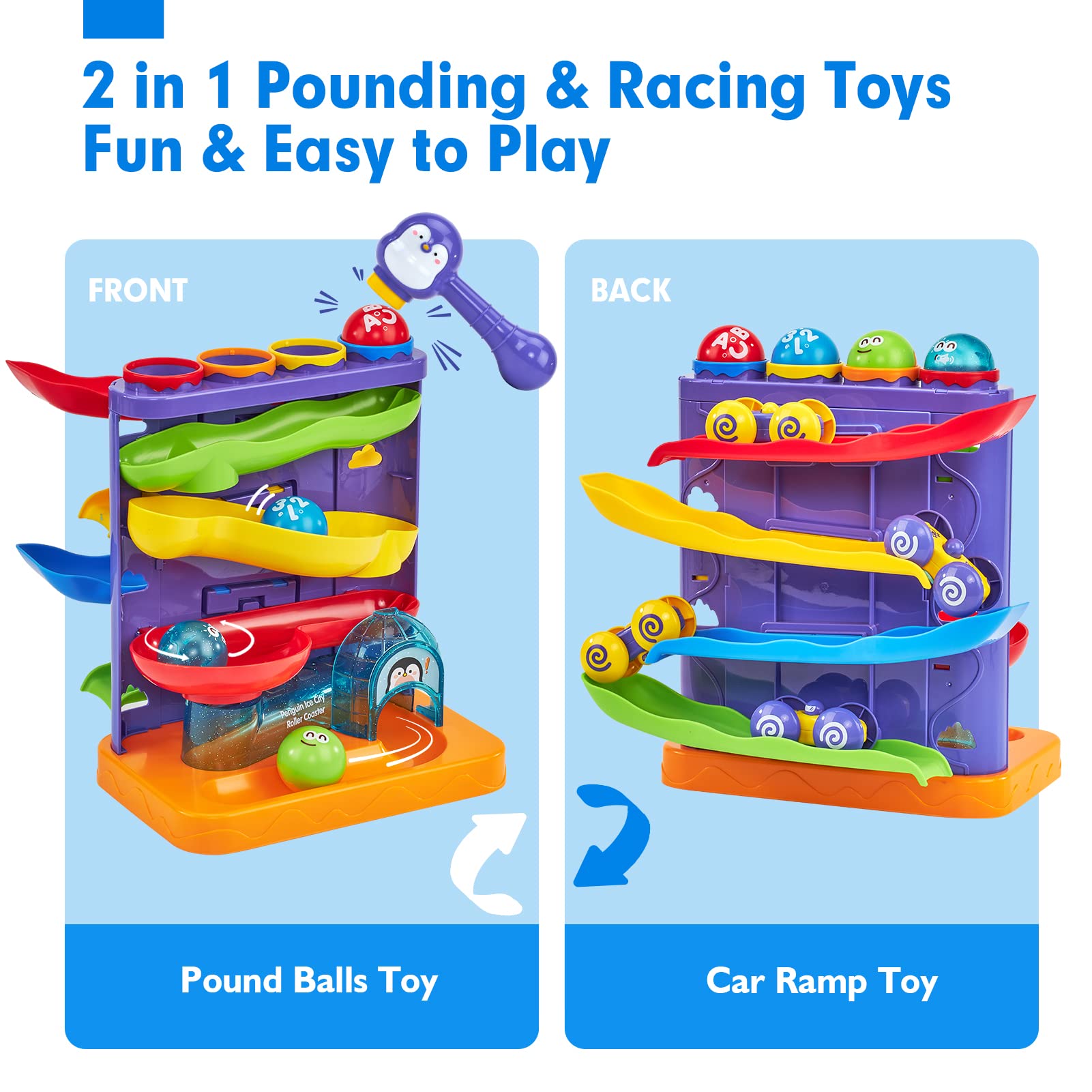 Toddler Toys for 1 Year Old Boy Gifts 2 in 1 Pound Balls Toy & Car Ramp Race Track Learning Active Early Developmental Montessori Toys for 1 Year Old Birthday Gifts for 1 2 3 Year Old Boy Girl