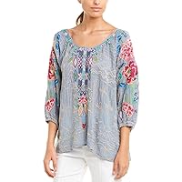 Johnny Was Women's Relaxed Peasant Blouse with Embroidery, Fog, XXL