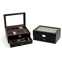 Leather 10 Watch Case With Glass Top, Drawer For Cufflinks And Pens, Black