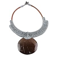 NOVICA Artisan Handmade Coconut Shell Leather Statement Necklace Thai Ivory Thailand Rustic 'Rustic Moon in Grey'