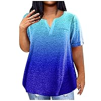 Plus Size Tops for Women Short Sleeve Vneck Gradient Color Loose Fit T Shirts 2024 Summer Fashion Tunic Blouse