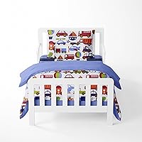 Bacati - Transportation Blue 4 Piece Boys Toddler Bedding Set 100 Percent Cotton Includes Reversible Comforter, Fitted Sheet, Top Sheet, and Pillow Case for Boys