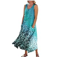 Flowy Dresses for Women Summer Loose Round Neck Printed Sleeveless Large Swing Dress with Pockets
