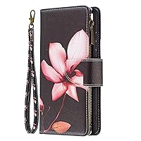 Wallet Case Compatible with Samsung A11, Colored Drawing PU Leather Zipper Pocket Case Kickstand 9 Card Slots for Galaxy A11 (Lotus)