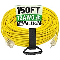 150 ft 12/3 Outdoor Extension Cord Waterproof Heavy Duty with Lighted Indicator End 12 Gauge 3 Prong, Flexible Cold-Resistant Long Power Cord Outside, 15Amp 1875W SJTW Yellow ETL Listed