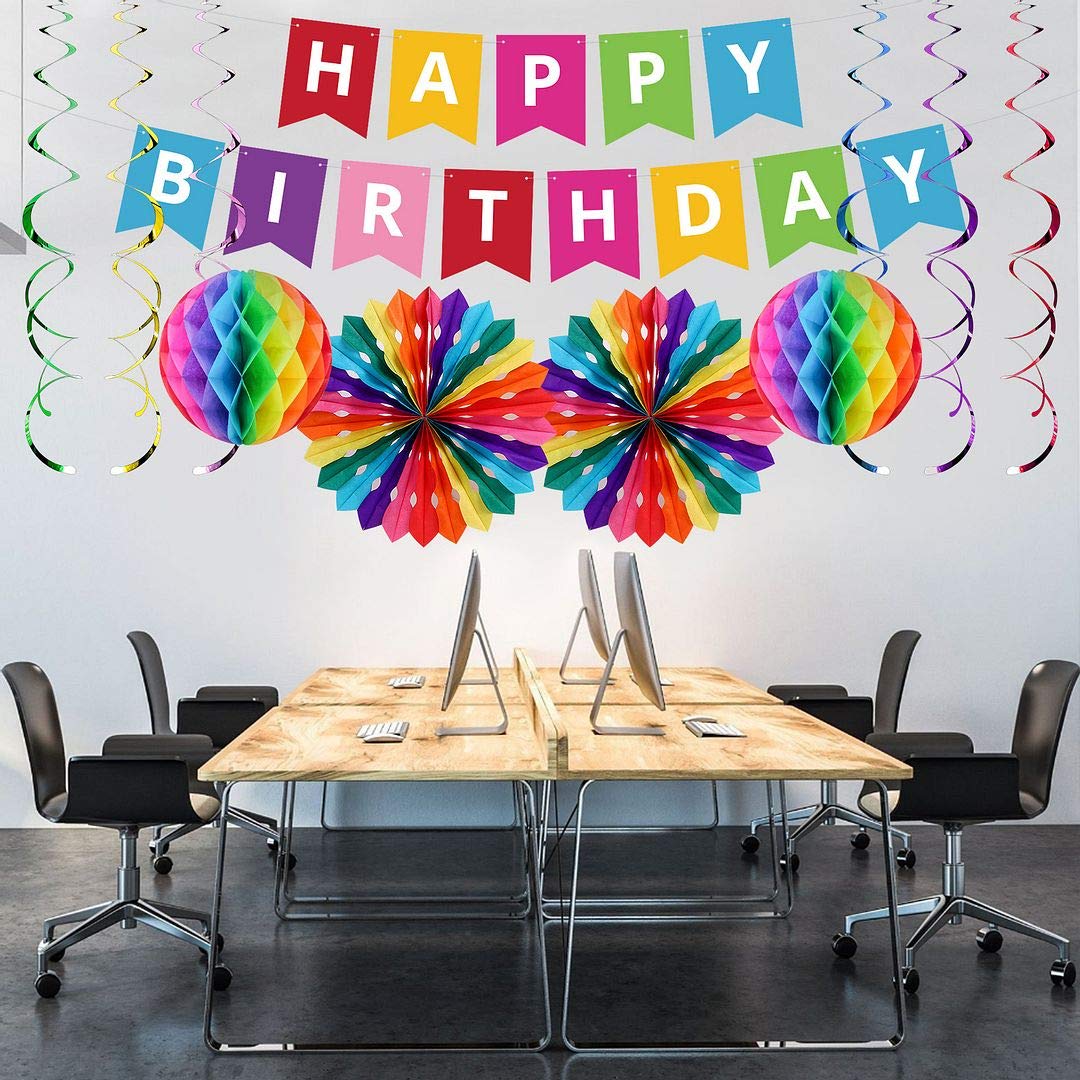 UNIIDECO Colorful Happy Birthday Decoration Kit, Including Rainbow Pom Poms, Banner, Swirls, Bday Decor For Men Women Kids Boy Girl, The Colored Office Birthday Decorations, Candy Party Supplies