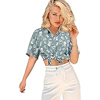 HAPPY BAY Women's Summer Cotton Linen Effect Scary Blouse Dresses Button Down Tops Dress Shirt Short Sleeve Halloween Vintage Shirts for Women M Slate, Skull