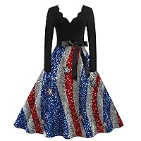4 July Clothes for Women July 4th Dress for Women 2024 American Flag Retro Print A Line with Waistband Long Sleeve V Neck Tunic Dresses Watermelon Red XX-Large