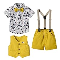 Summer Outfit for Boys Toddler Boys Short Sleeve Floral Prints T Shirt Tops Vest Coat Shorts Little (Gold, 4-5 Years)