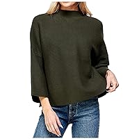 Womens Oversized Sweater Drop Shoulder Batwing Sleeve Pullover Tops Loose Slouchy 3/4 Sleeve Mock Neck Knit Tops Army Green
