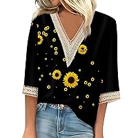 Lace Top for Women Summer Tops for Women 2024 Sunflower Print Lace Patchwork Fashion Pretty with 3/4 Sleeve V Neck Shirts Black XX-Large