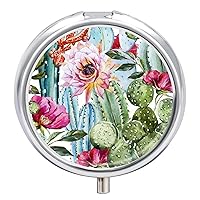 Round Pill Box Flowers Roses And Cactus Portable Pill Case Medicine Organizer Vitamin Holder Container with 3 Compartments