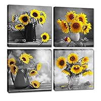 Sunflower Wall Decor Canvas Art / Black Yellow Flowers Pictures for Living Room Bathroom Bedroom Decoraton / Kitchen Set Framed Cheap Painting Mordern Artwork / 4 Panel Grey Nature Print 12x12 Inch