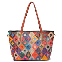 Genuine Leather Shoulder Bag for Women Colorful Patchwork Boho Purse Handmade Vintage Quilted Crossbody