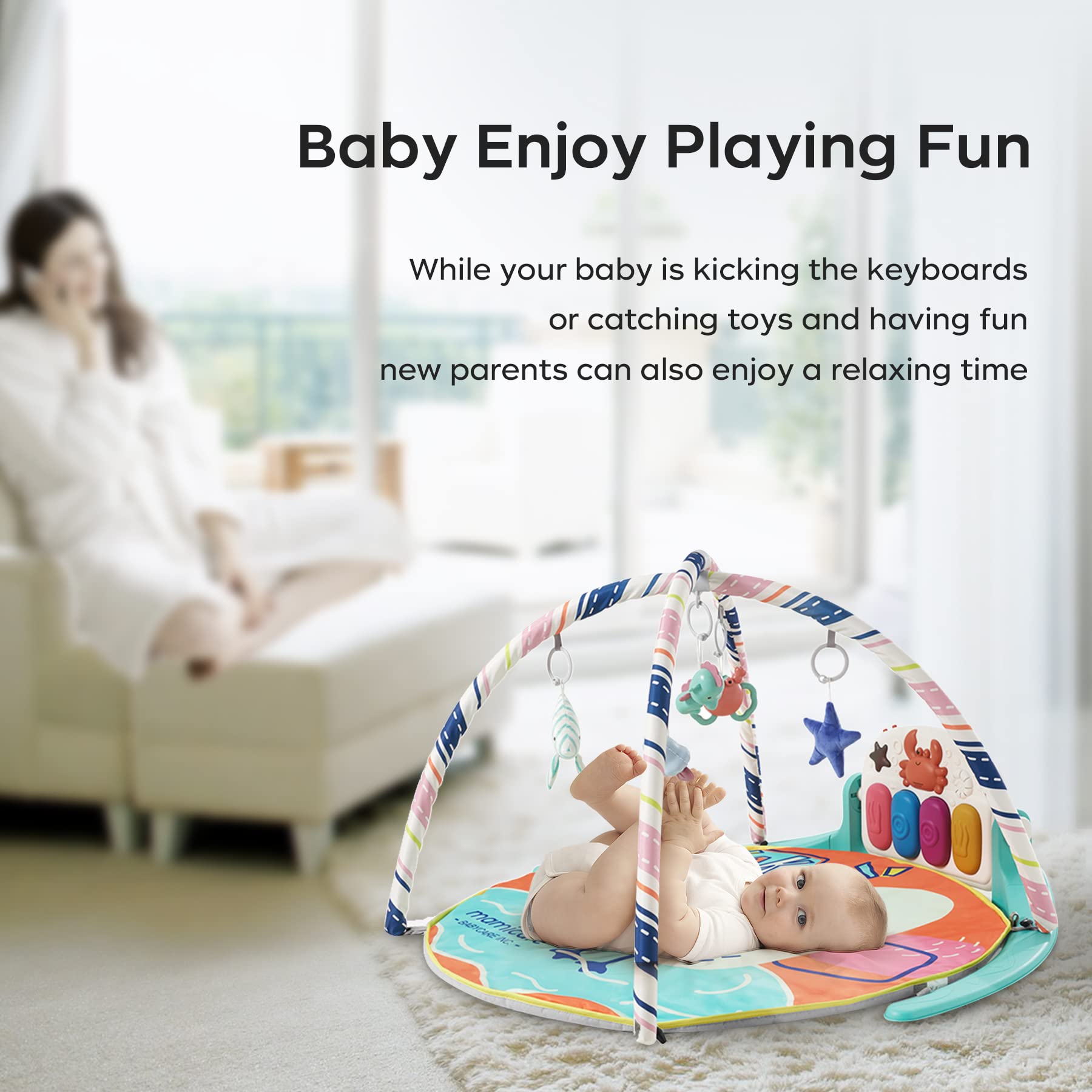 bc babycare 4-in-1 Baby Play Gym with 3 Music Modes Adjustment,Kick and Play Piano Gym Baby Play Mats for Floor LED Lights Tummy Time Mat
