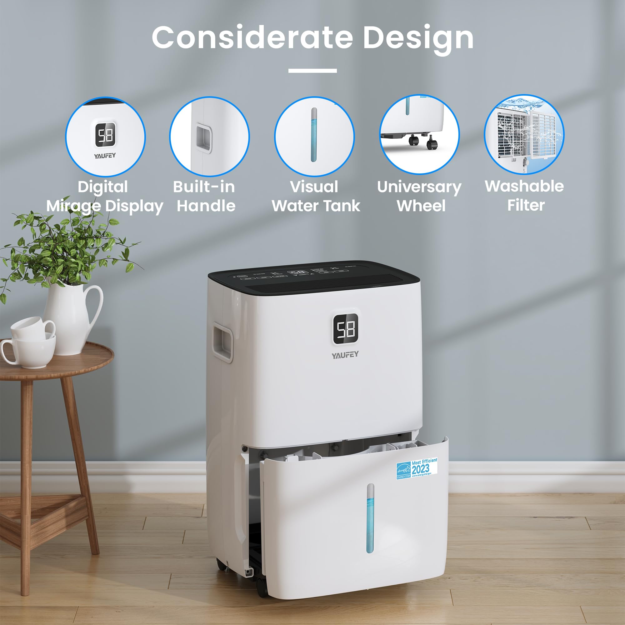 Yaufey 80-Pint Energy Star Dehumidifier for Home, Basement and Large Rooms up to 6000 Sq. Ft, Powerful and Quiet, with Timer, Intelligent Humidity Control, Drain Hose and Large Water Tank