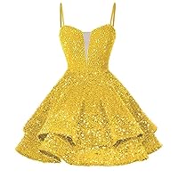 Women's Homecoming Dresses Sequin Short A-Line Spaghetti Straps Cocktail Dresses Drawstring Back Prom Gowns