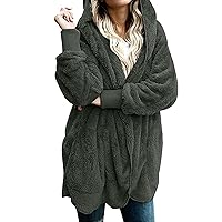 Women Hooded Cardigan Fuzzy Long Sleeve Jacket Winter Open Front Fleece Solid Coat Oversized Outwear with Pockets