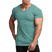 COOFANDY Men's Muscle T Shirts Stretch Short Sleeve V Neck Bodybuilding Workout Tee Shirts Ribbed Knit Shirt