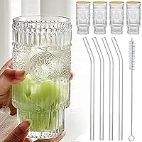JASVIC 16oz Glass Cups with Bamboo Lids and Straws(4pcs), Thickened Coffee Cups, Embossed Vintage Drinking Glasses Tumbler for Cocktails Juices Smoothies