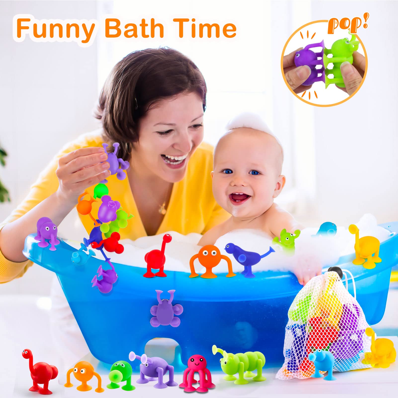 Kids Suction Cup Toy for Baby Aged 3 4 5 Years Old, 10PCS Silicone Animal Bath Sucker Toys for Toddler, Window Shower Bathtub Toy with Mesh Bag Storage, Montessori Gift for Boys and Girls Age 6-8
